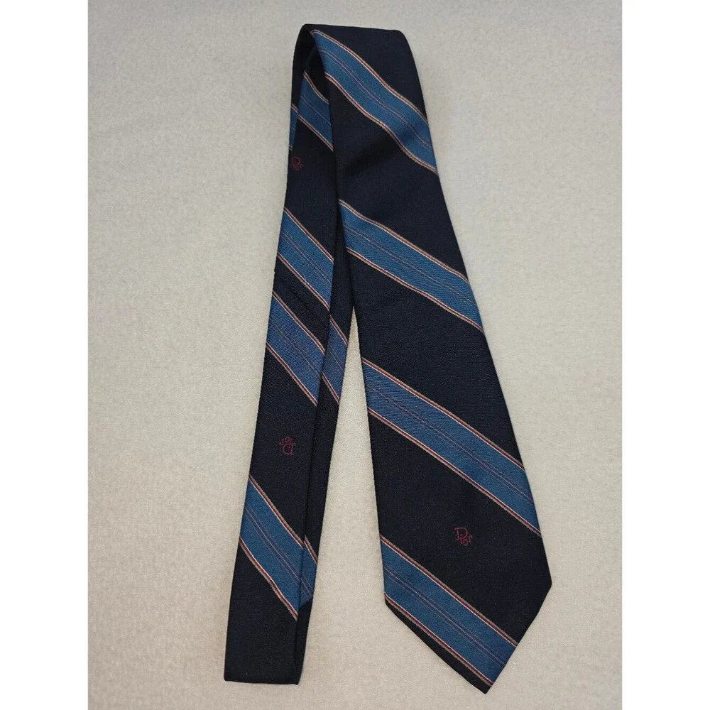 Christian Dior Men's Navy Blue Striped Poly Silk Tie 3975
